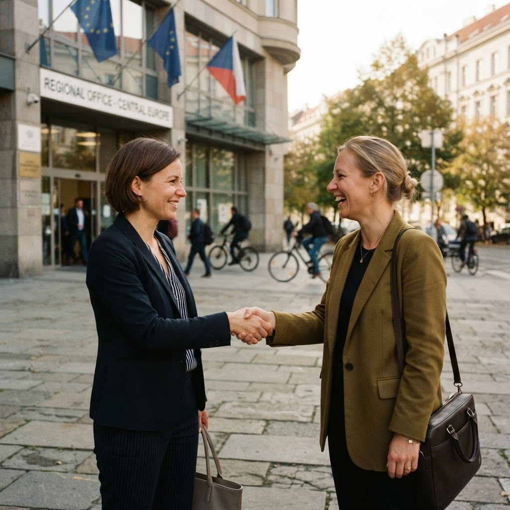 Two local colleagues meeting outside a regional office